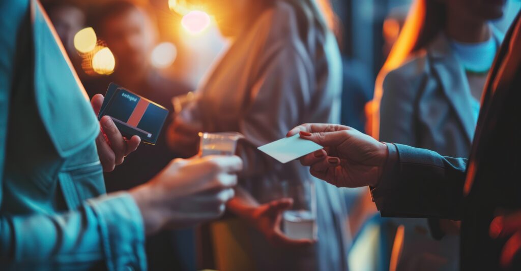 Two people trading business cards