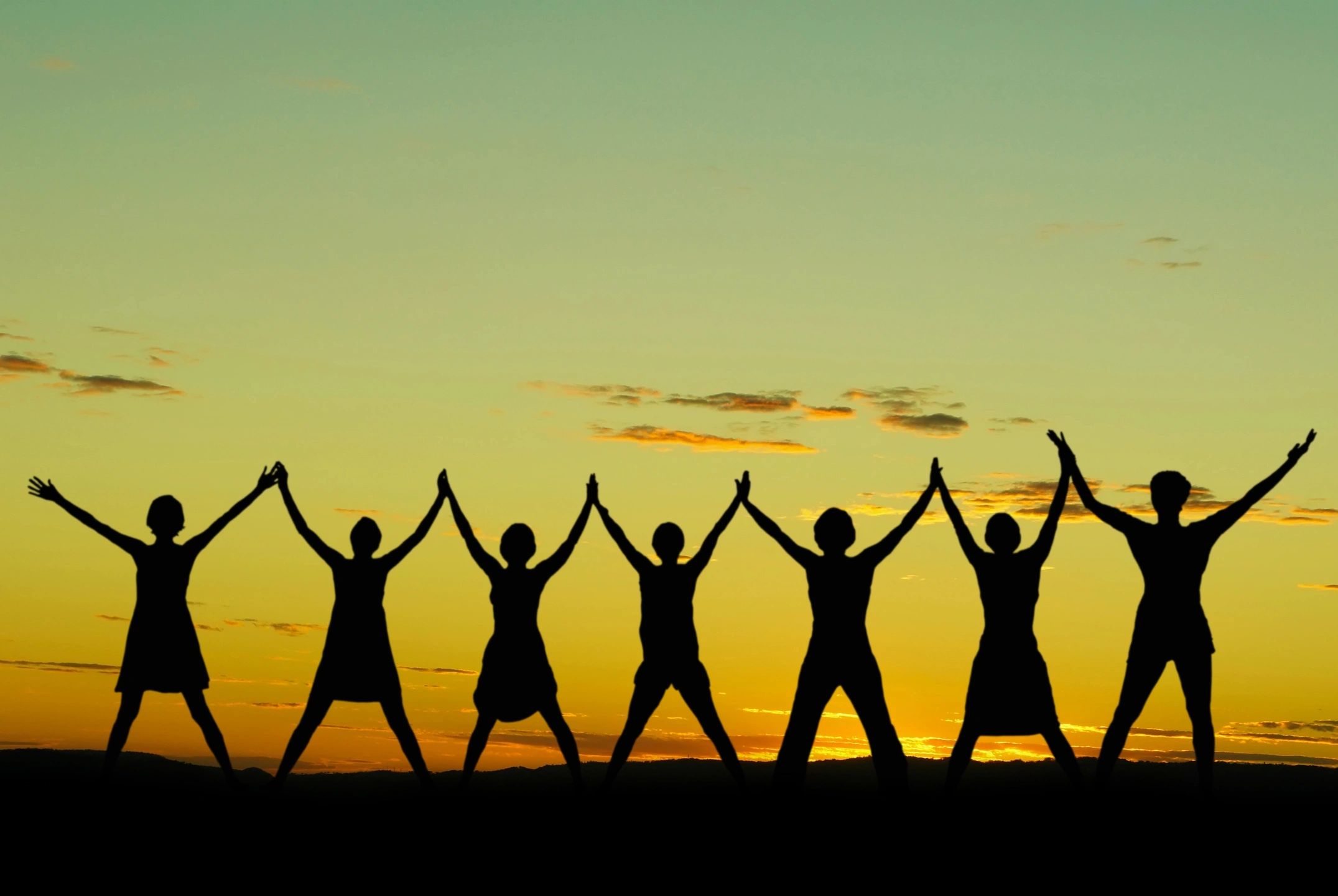 Silhouette of self-advocates holding hands with arms raised in the air