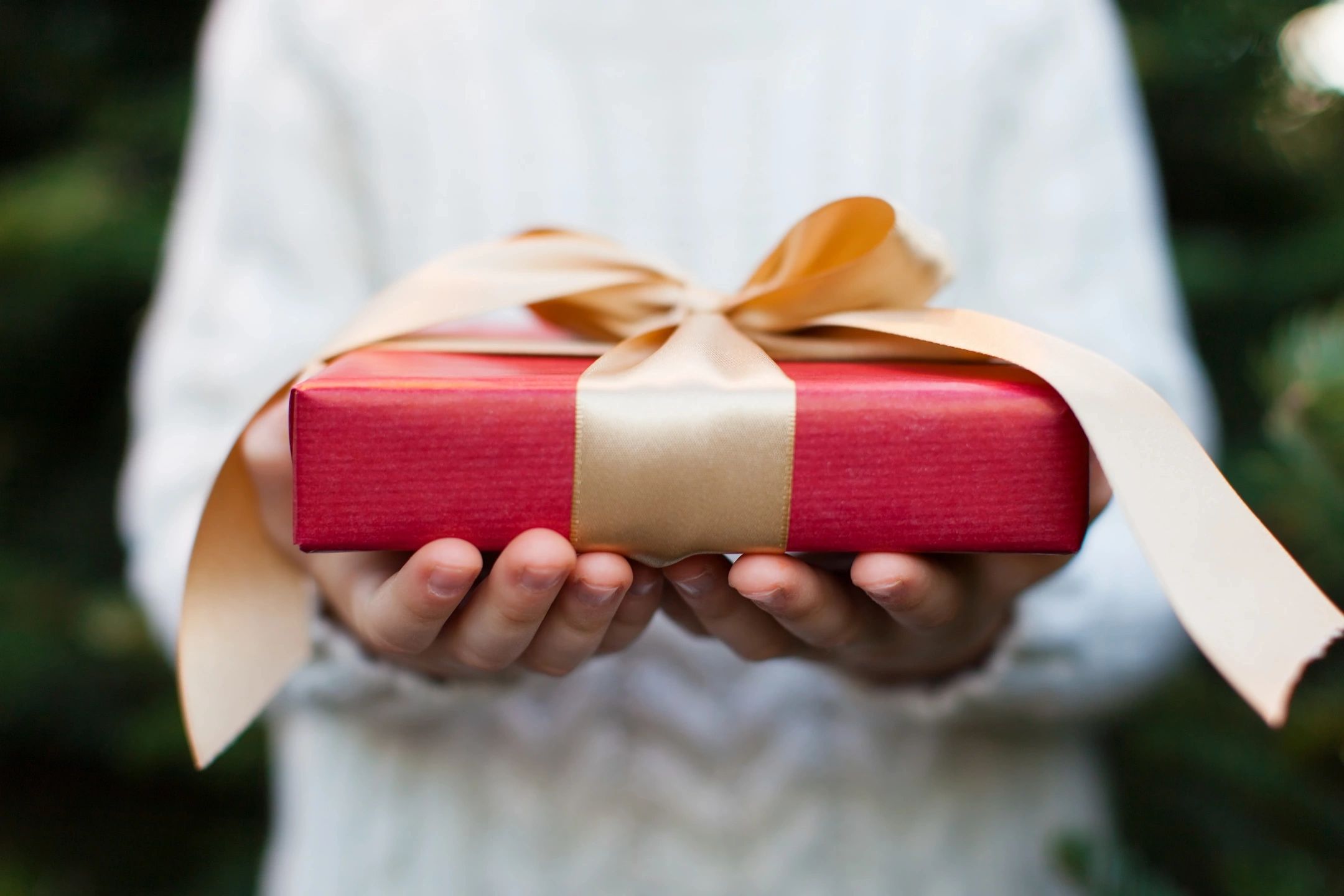 An adult wearing a white sweater extends their arms with a wrapped gift in their hands reminding the viewer that people with IDD are not children and should receive adult gifts.