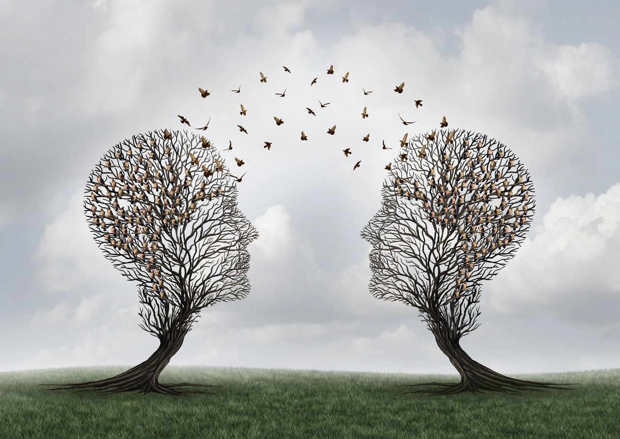 The image features two trees that are each shaped like faces turned toward each other. Birds are flying between the two face trees. The image shows the viewer how people talking to each other is connected. It reminds us to use kind words and not to use the r-word.